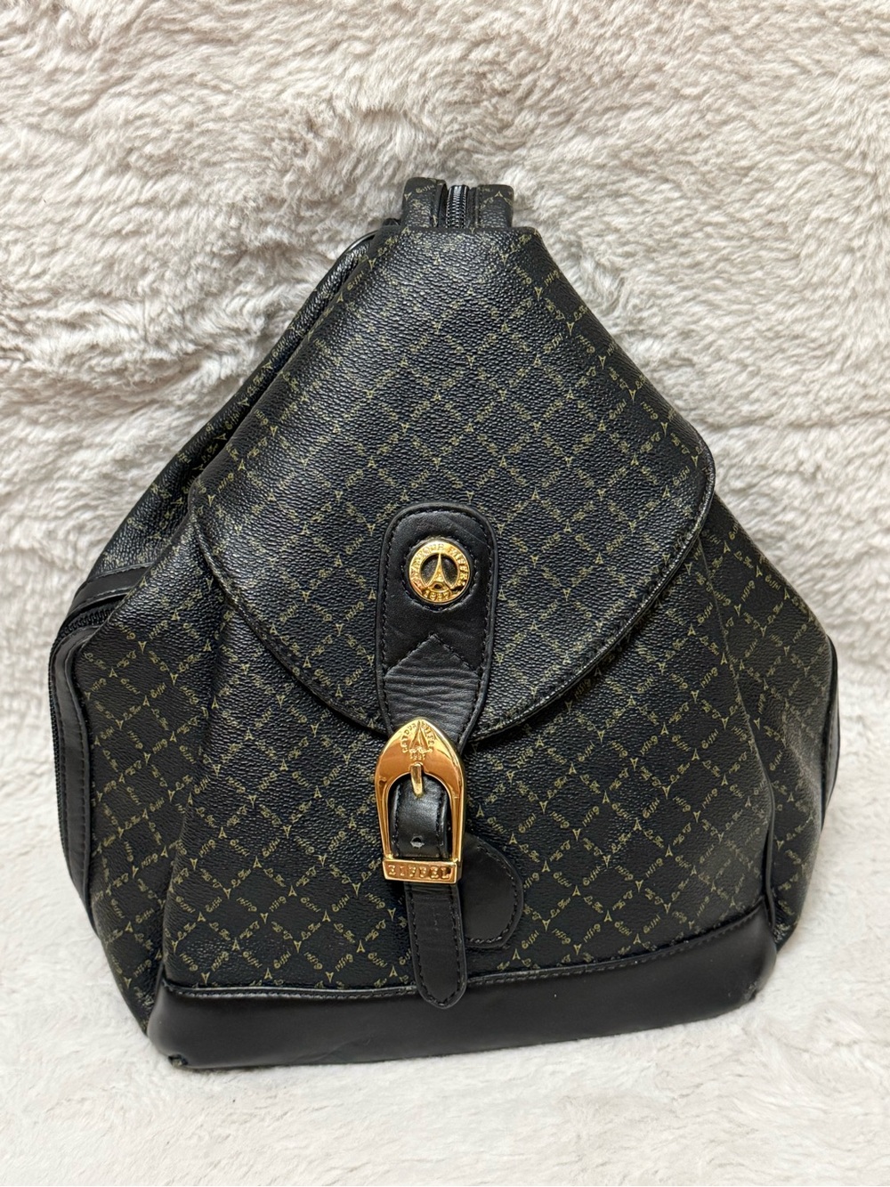 Vintage La Tour Eiffel Black Patterned Women's Backpack with Gold Accent Buckle